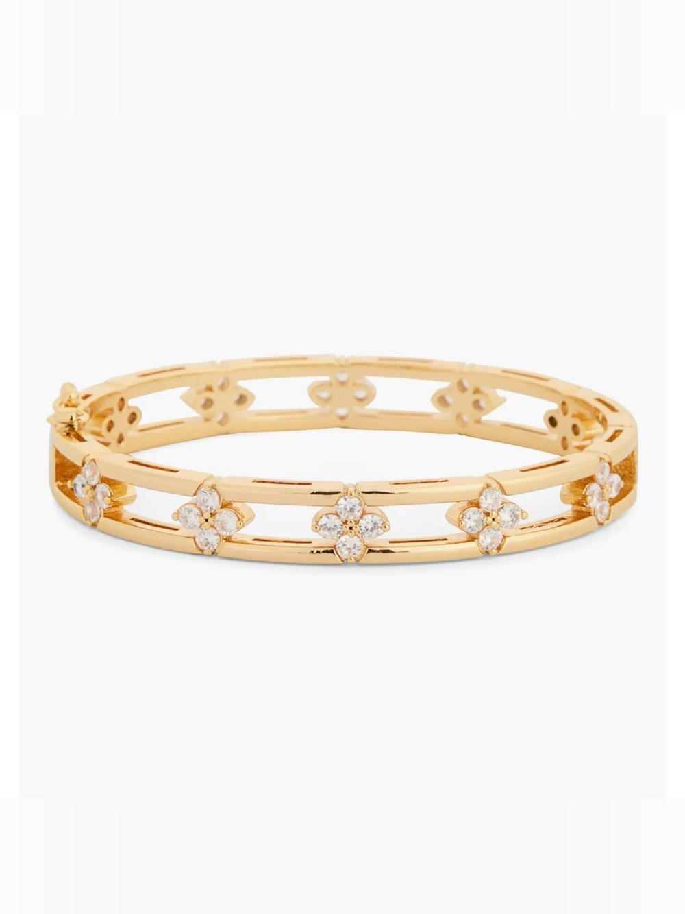 Gold-tone & Cubic Zirconia Flower Clover Cuff Bangle Bracelet